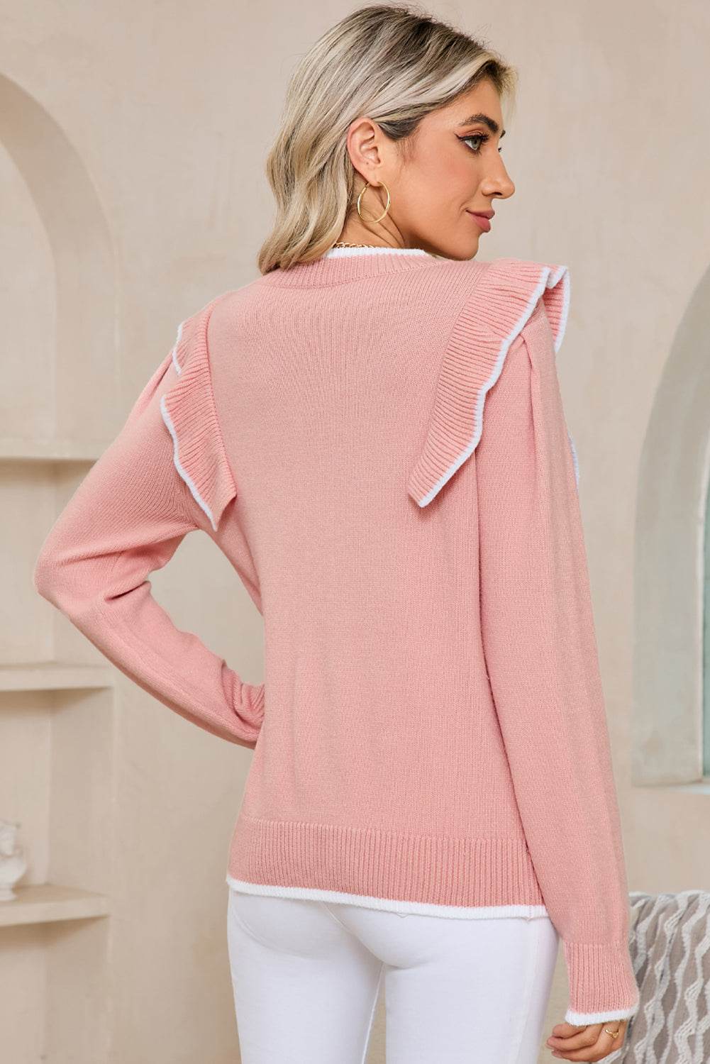 Women's Light Pink Bow Detail Contrast Trim Ruffle Sweater Outfit