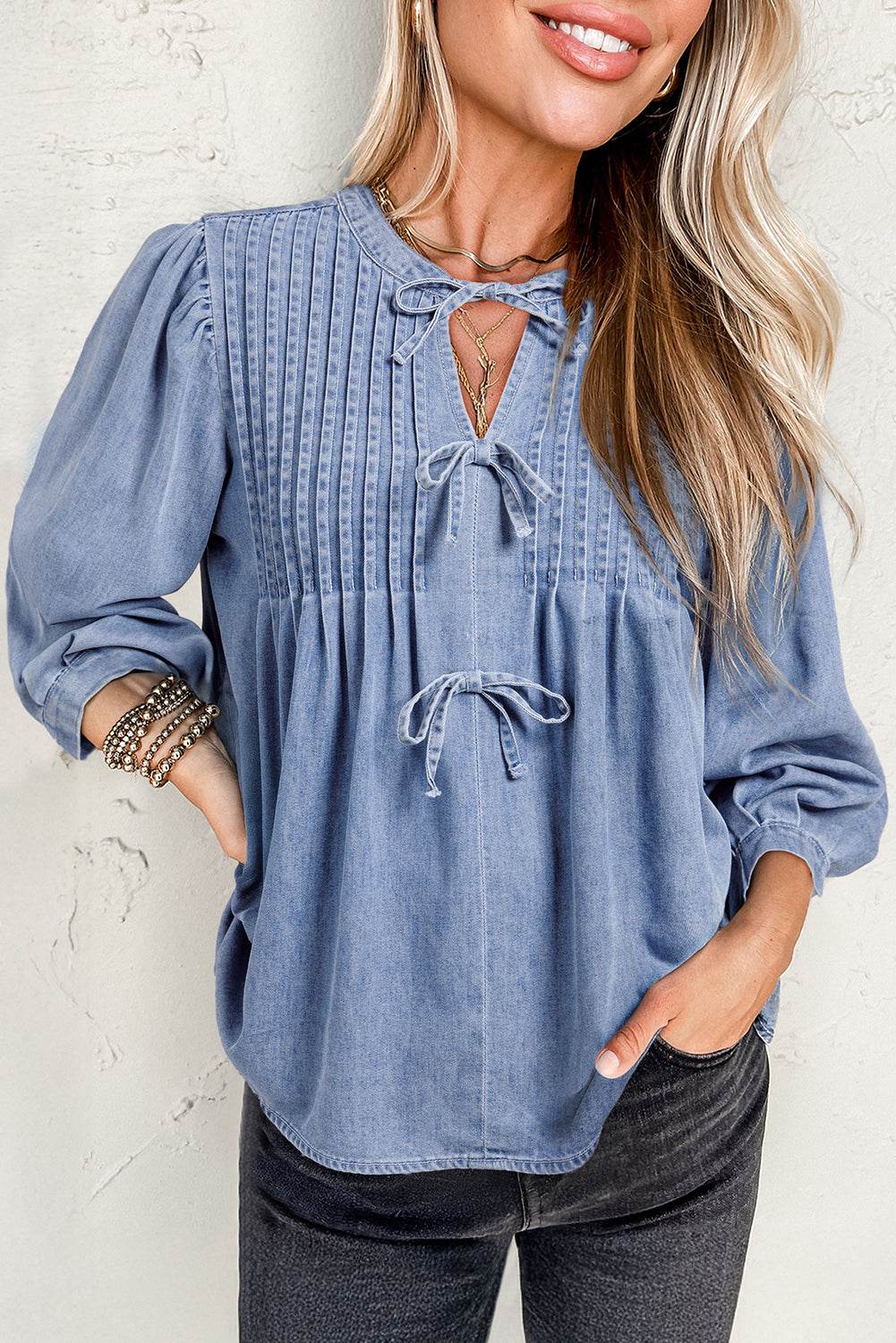 Trendy Denim Puff Sleeve Top Bow Tie Elegance in Every Detail