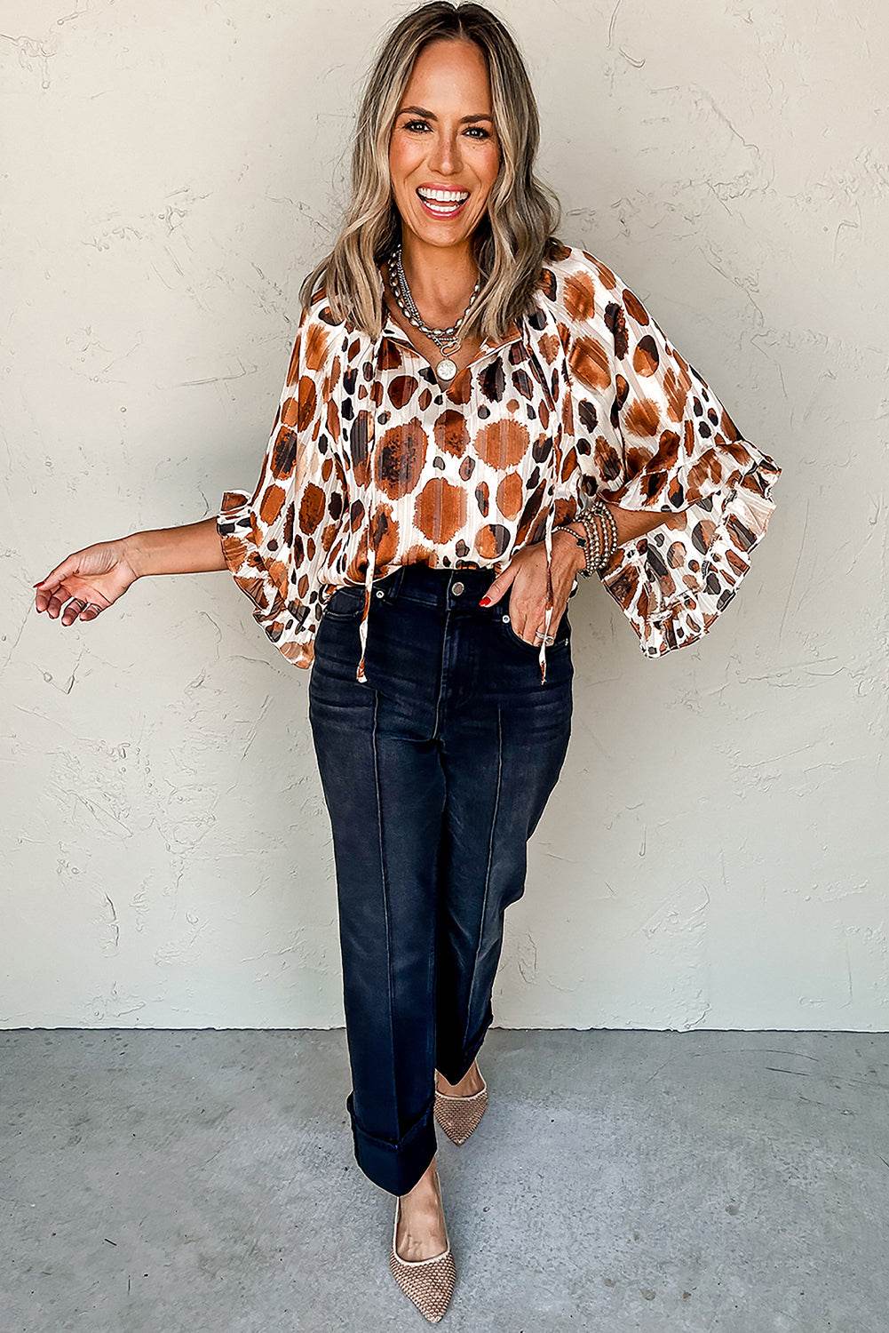 Stylish Brown Abstract Blouse Ruffle 3 4 Sleeve Tie Neck Chic
