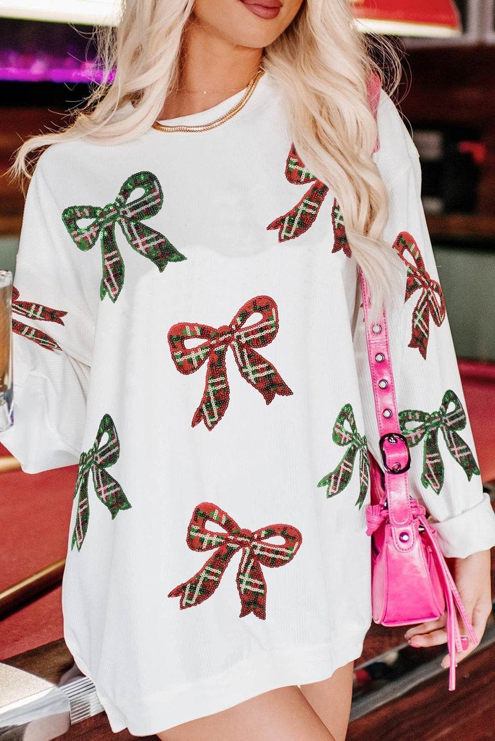Stay Stylish White Plaid Bowknot Pattern Corded Sweatshirt