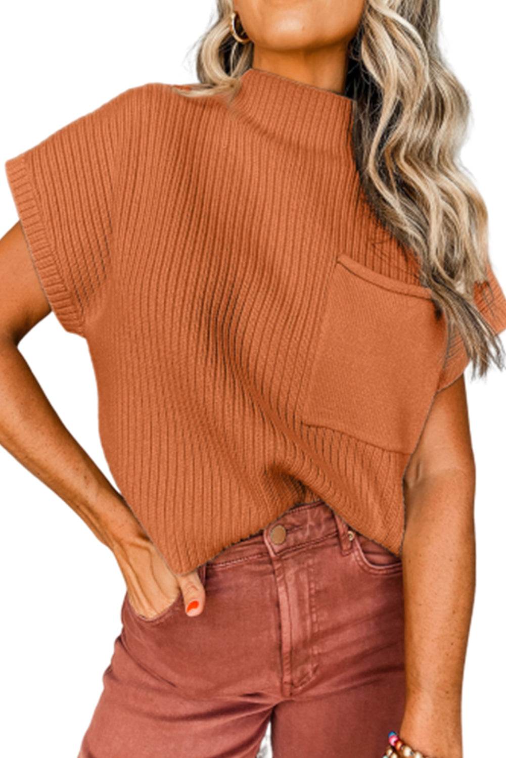 Women's Black Patch Pocket Ribbed Knit Short Sleeve Sweater
