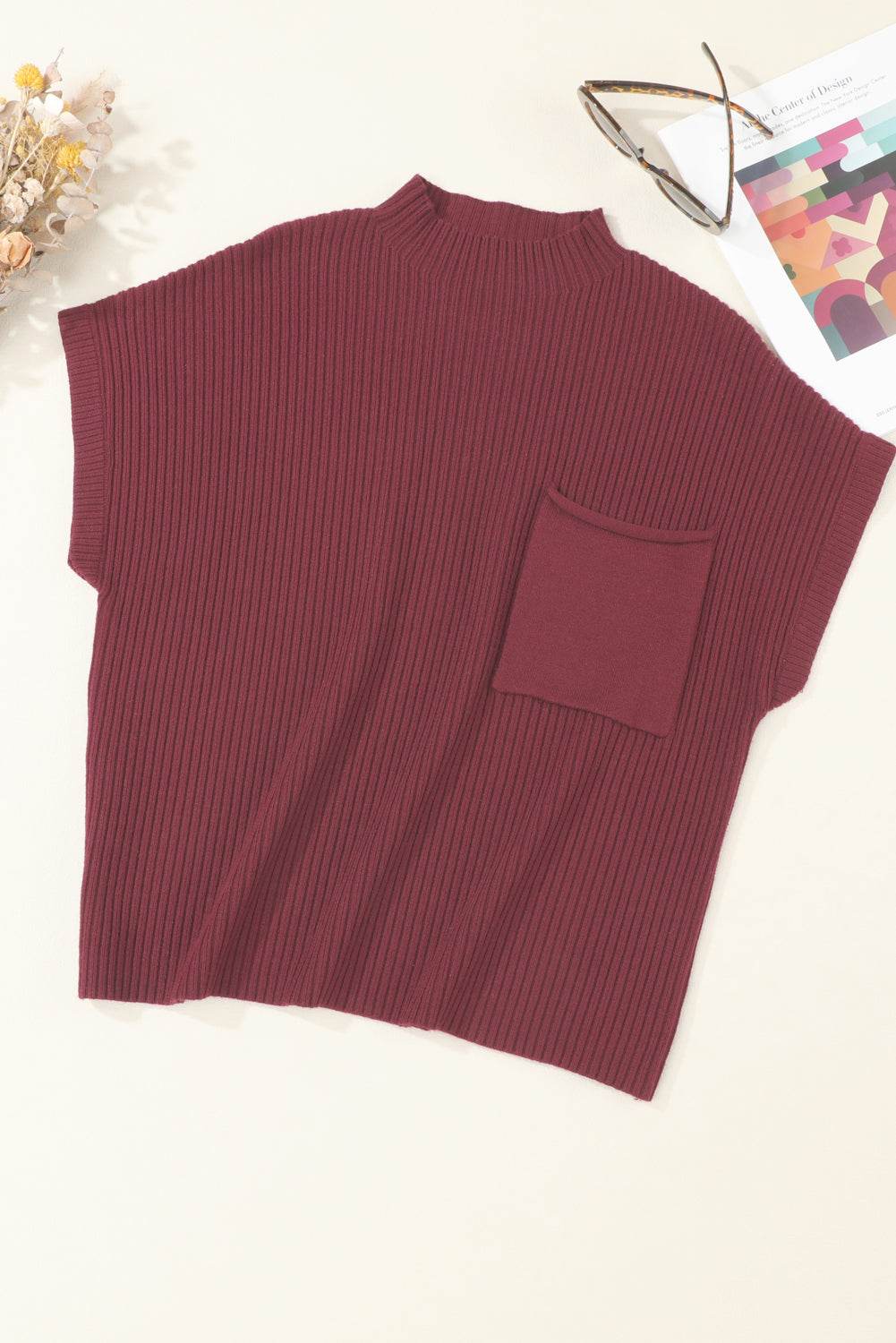 Women's Black Patch Pocket Ribbed Knit Short Sleeve Sweater