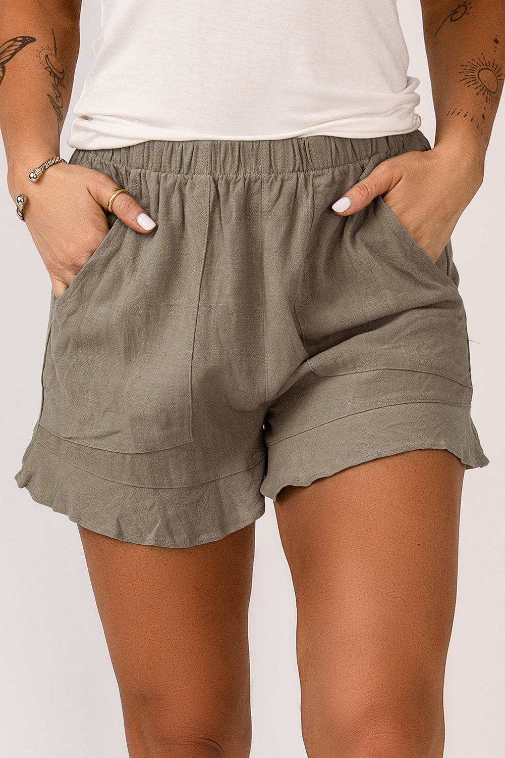 Trendy Stylish Casual High Waist Ruffle Shorts With Pockets
