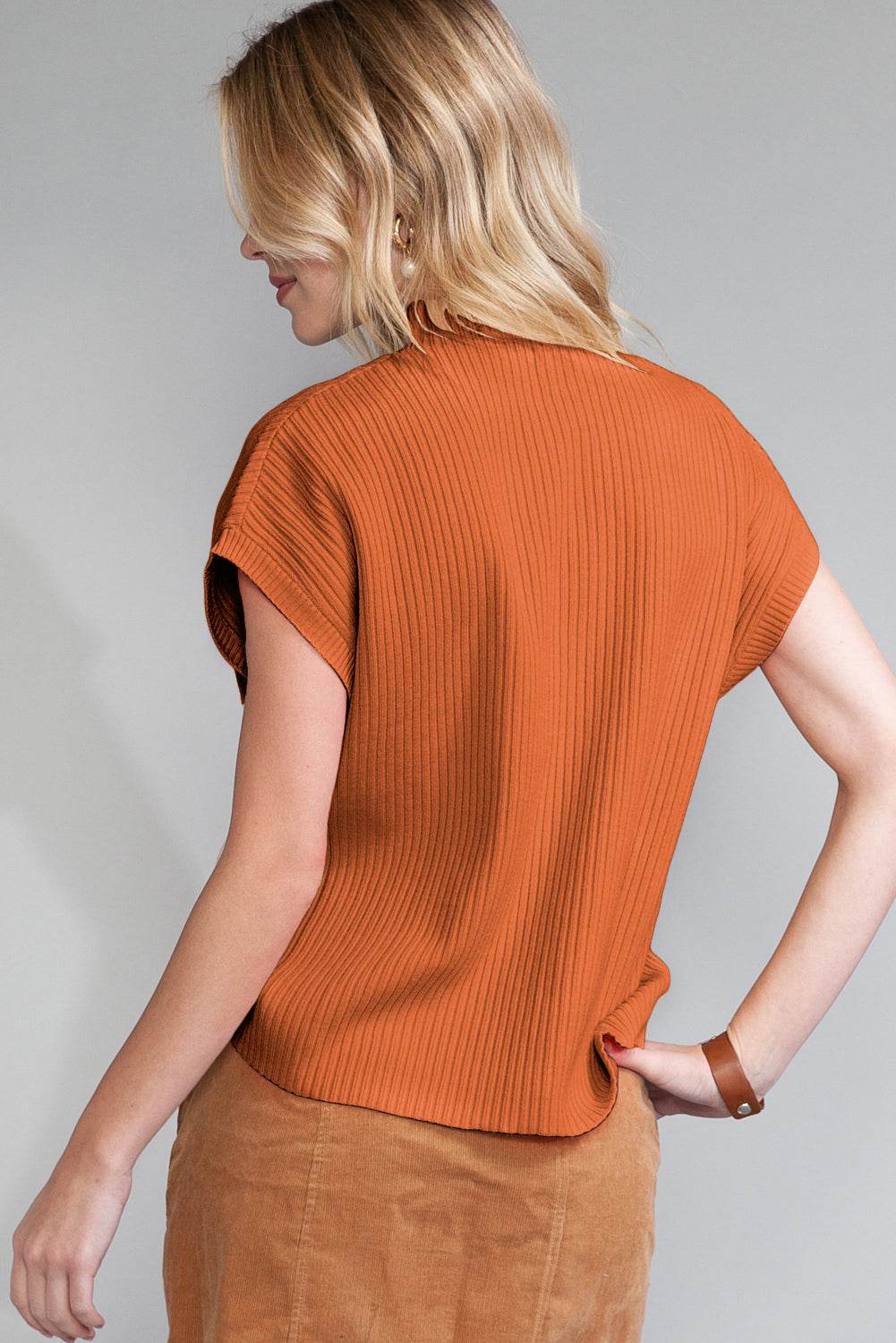 Women's Black Patch Pocket Ribbed Knit Short Sleeve Sweater