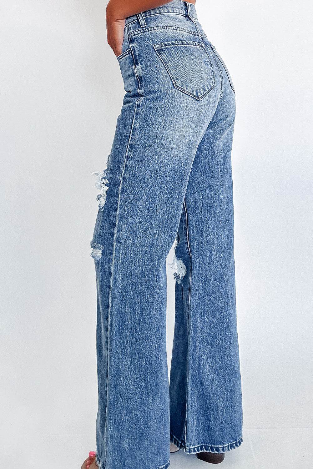 Women's Blue Acid Wash Distressed Wide Leg High Waist Jeans