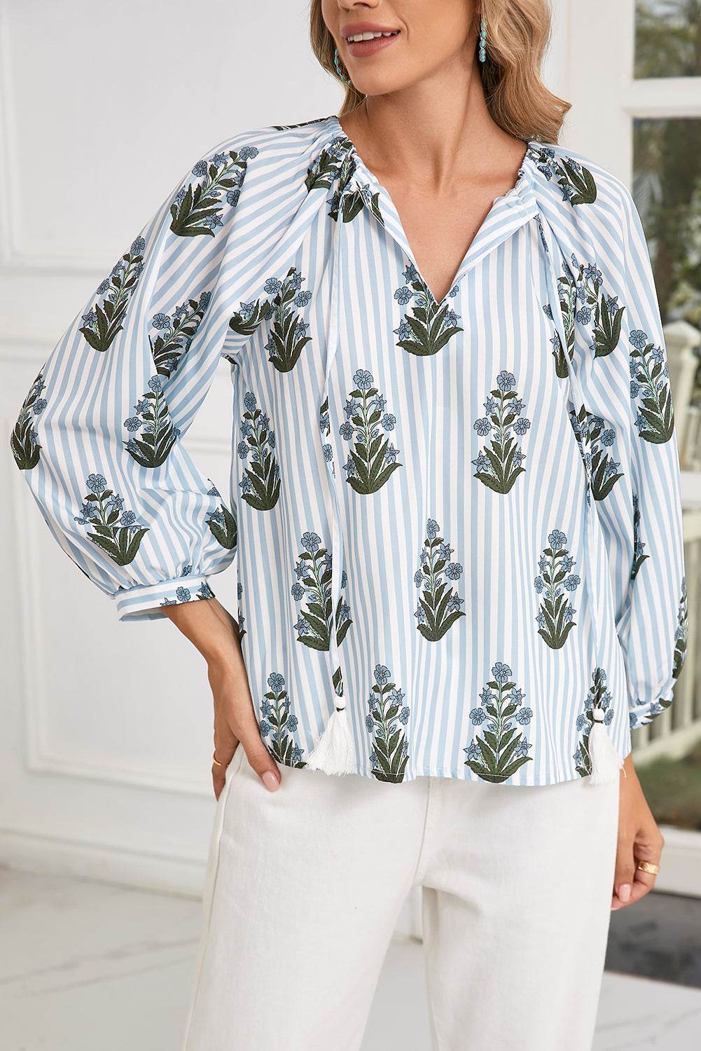 Stylish Beau Blue Floral Blouse Long Sleeves & Tie V Neck