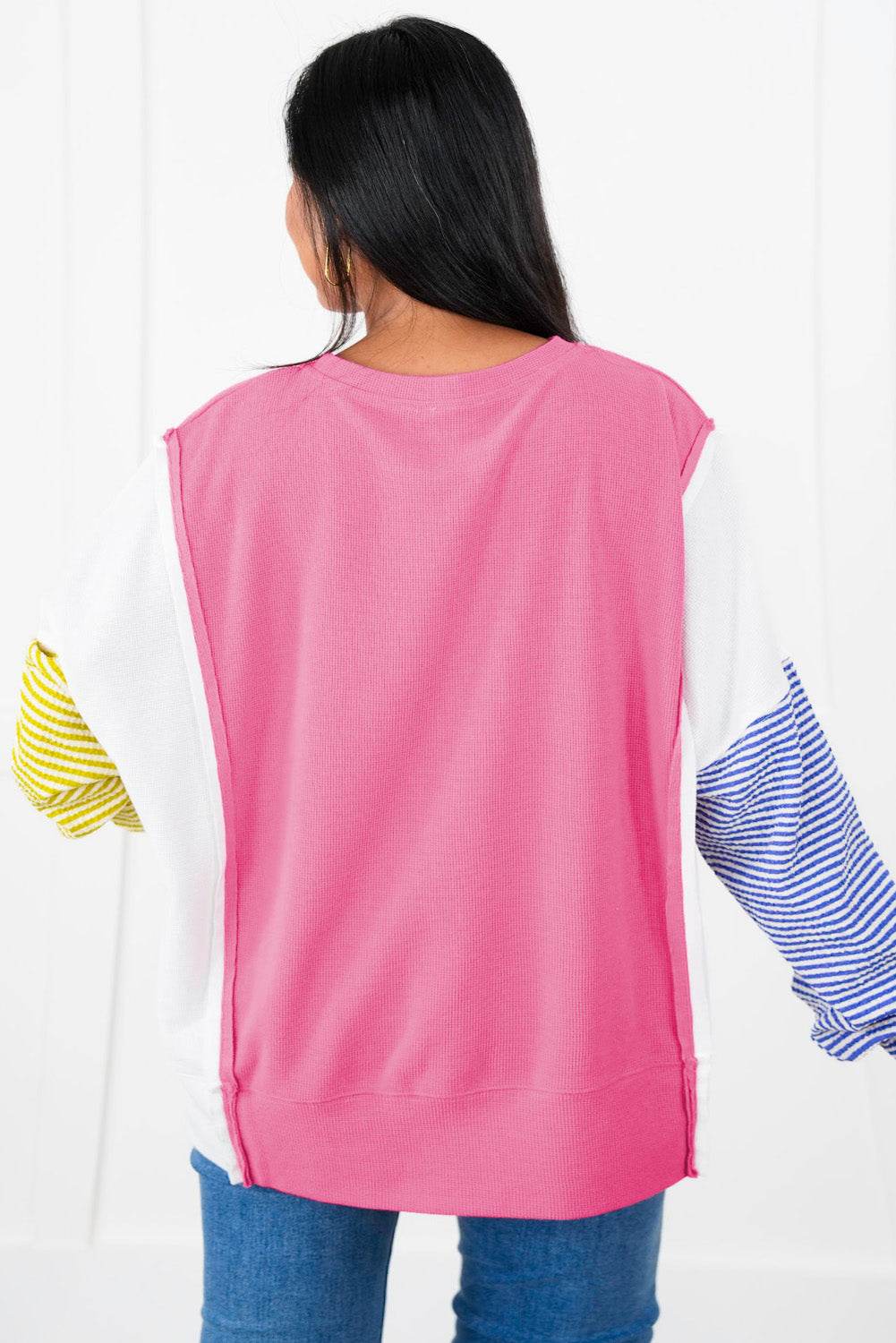 Rose Red Striped Color Block Top Chic Plus Size Long Sleeve Style