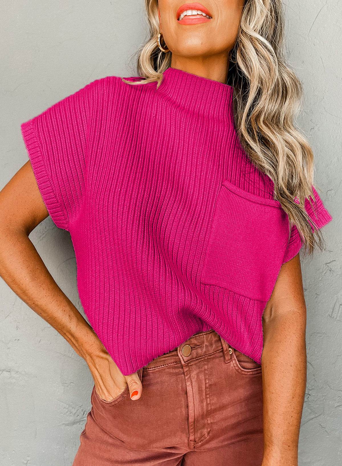 Women's Black Patch Pocket Ribbed Knit Short Sleeve Sweater