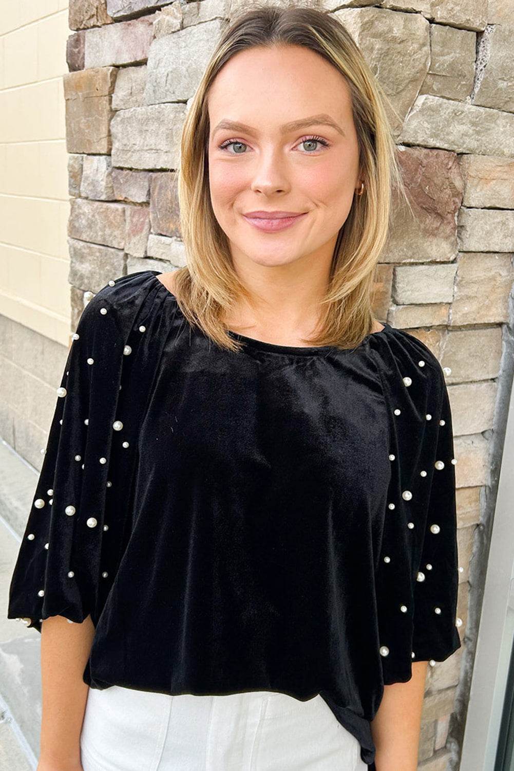 Trendy Black Velvet Top Beaded Pearls & Half Sleeves Elegance