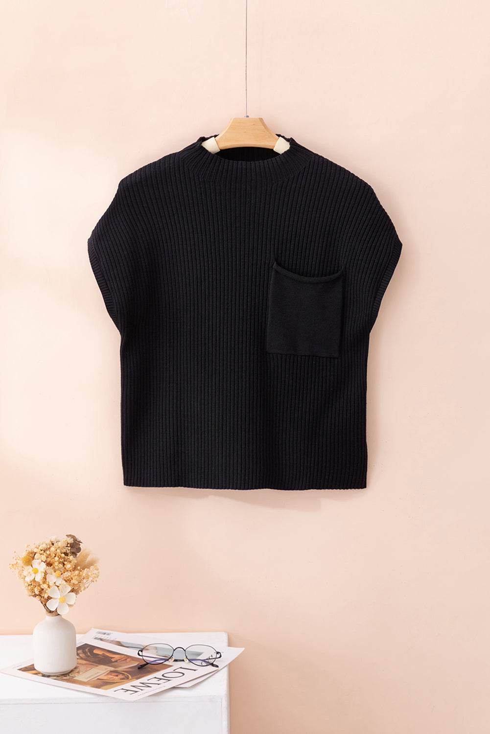 Women's Black Patch Pocket Ribbed Knit Short Sleeve Sweater
