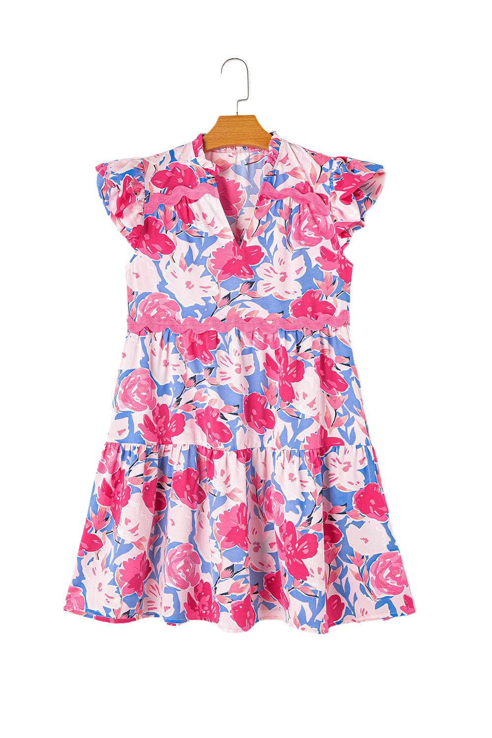 Pink Floral Printed V Notched Ric Rac Flutter Short Dress