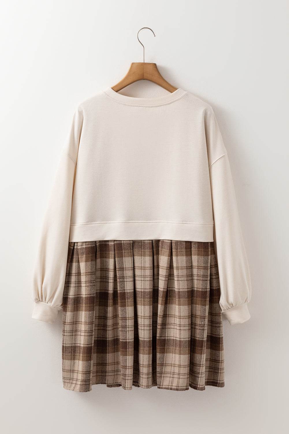 Trendy Beige Plaid High Waist Mini Dress Stylish Sweatshirt Look