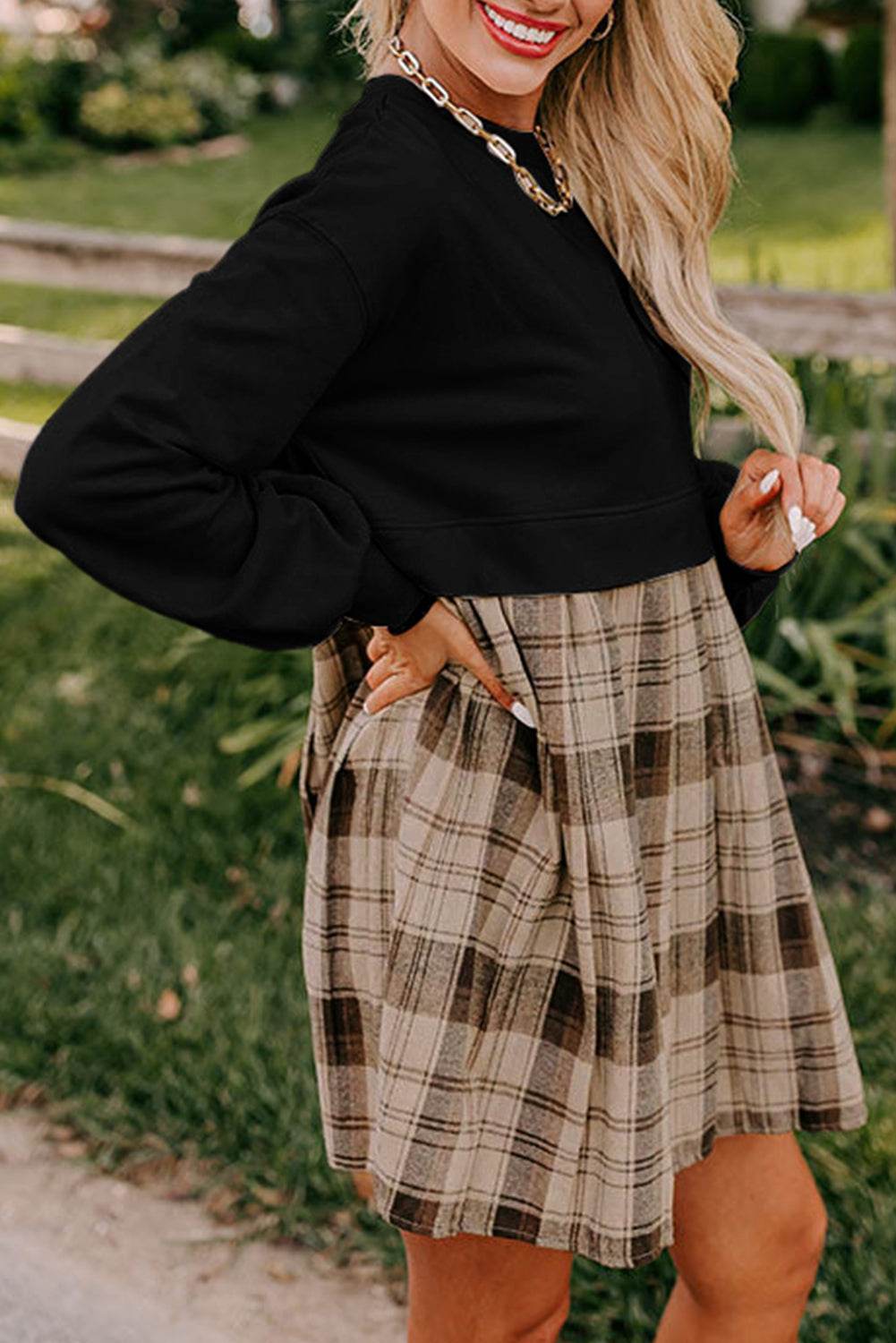 Trendy Beige Plaid High Waist Mini Dress Stylish Sweatshirt Look