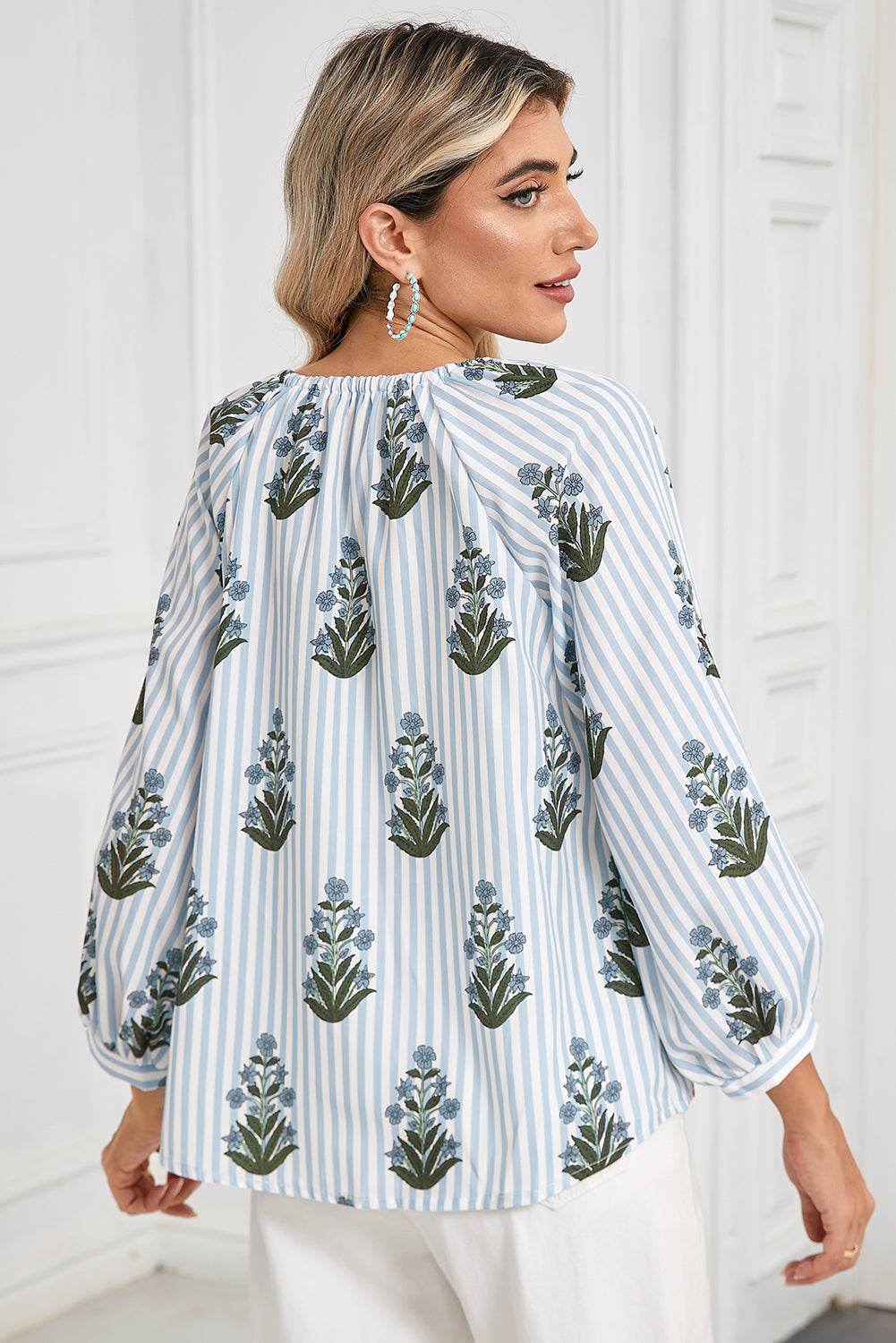 Stylish Beau Blue Floral Blouse Long Sleeves & Tie V Neck
