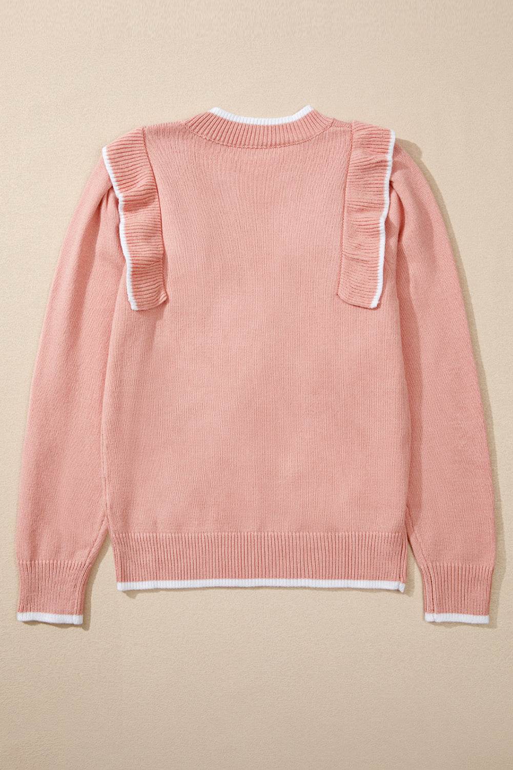 Women's Light Pink Bow Detail Contrast Trim Ruffle Sweater Outfit