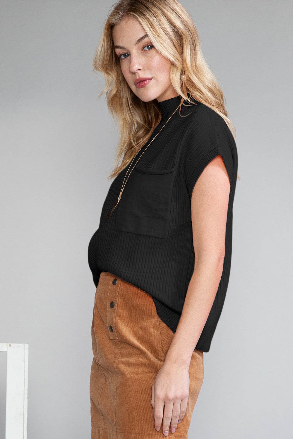 Women's Black Patch Pocket Ribbed Knit Short Sleeve Sweater