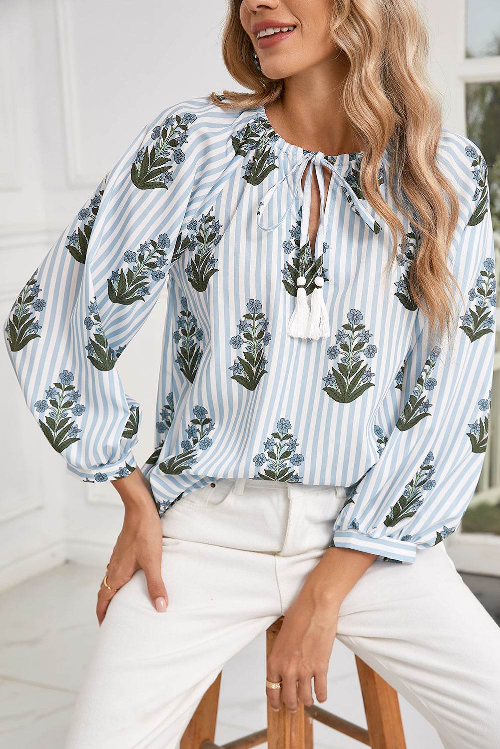 Stylish Beau Blue Floral Blouse Long Sleeves & Tie V Neck