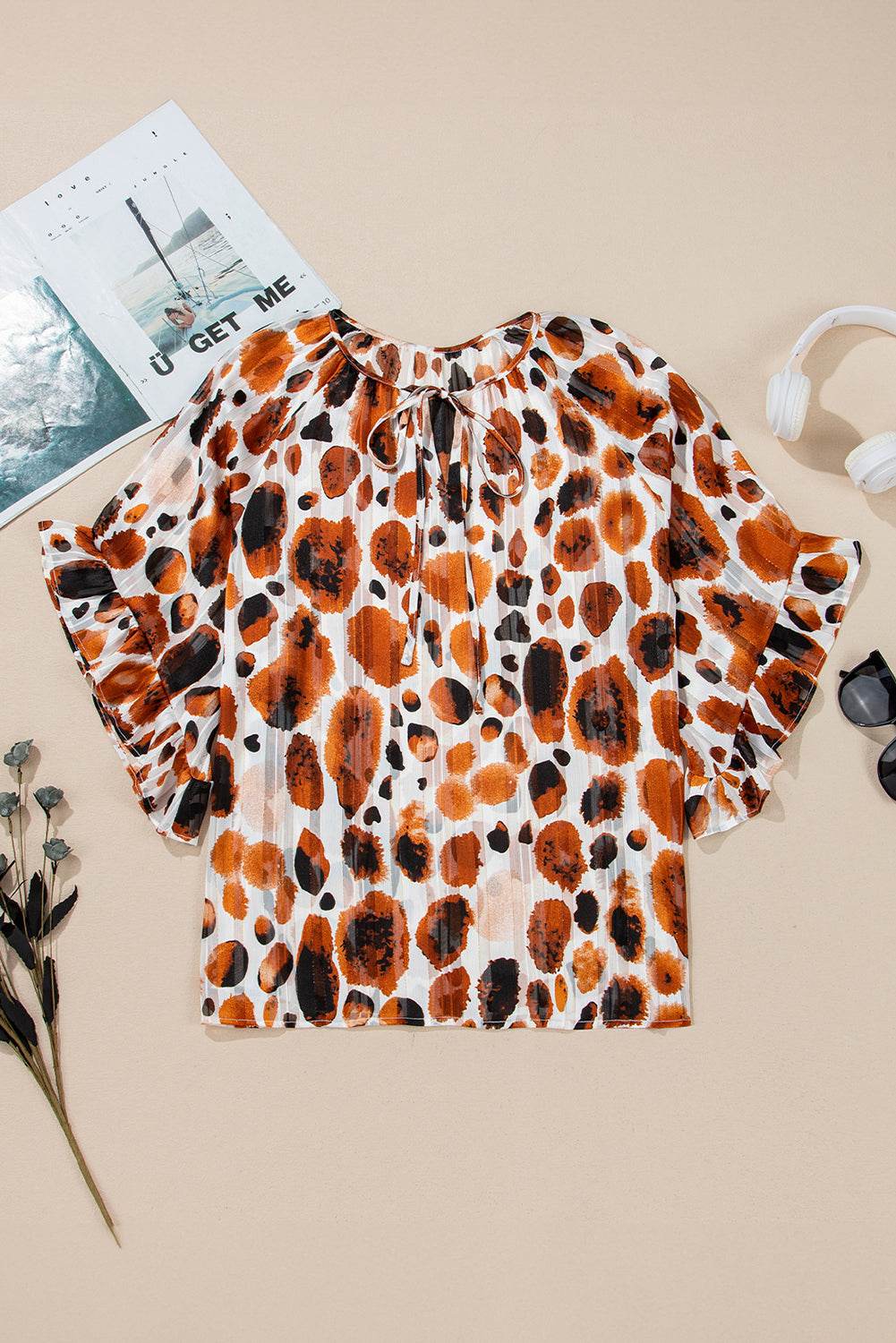 Stylish Brown Abstract Blouse Ruffle 3 4 Sleeve Tie Neck Chic